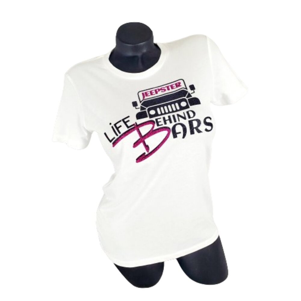 Jeepster Life Behind Bars White Lt. Weight Jersey Form Fit Tee  Shiny Lettering!
